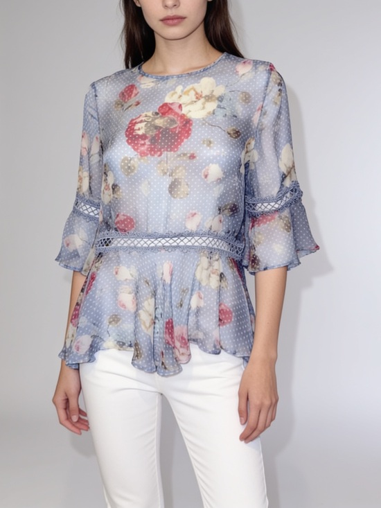 Zimmermann Tops - $495 ZIMMERMANN blue floral polka dot sheer peplum silk blouse top US 4 AUS 0